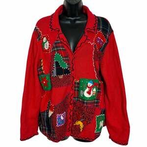 Vtg 90s Designers Originals Studio Joy Christmas Cardigan Sweater Patchwork 1X